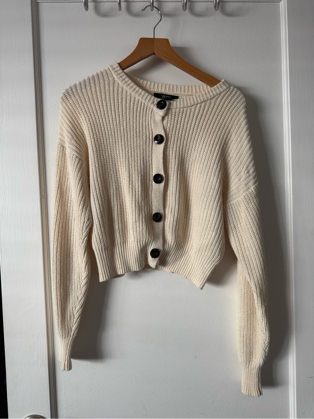 Forever 21 Cream Button-Front Ribbed Knit Sweater